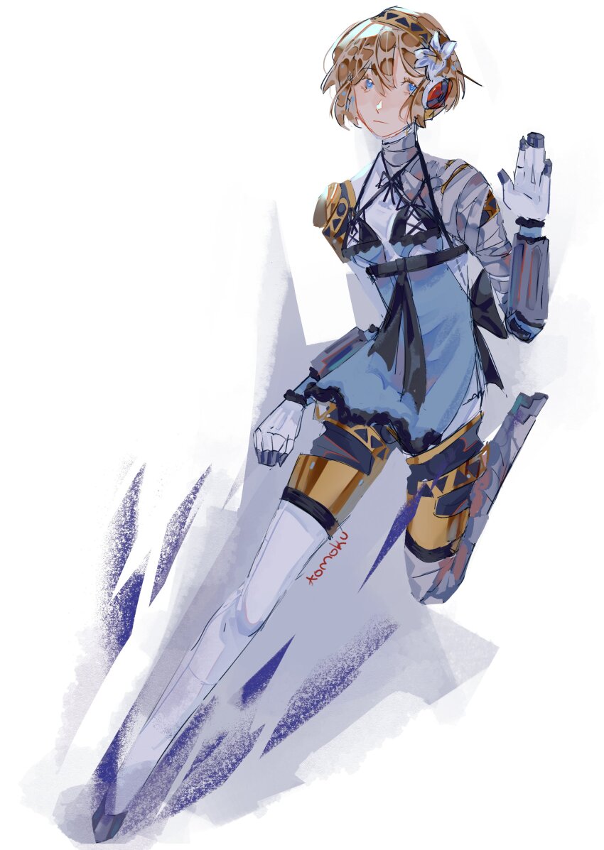 1girl absurdres aigis_(persona) android bandage_on_neck bandaged_arm bandaged_leg bandaged_neck bandages blonde_hair blue_eyes chan_tomoku cosplay cross-laced_clothes cross-laced_panties finger_cannon flower headphones highres joints kaine_(nier) kaine_(nier)_(cosplay) lingerie negligee nier nier_(series) panties persona persona_3 robot_ears robot_joints short_hair underwear