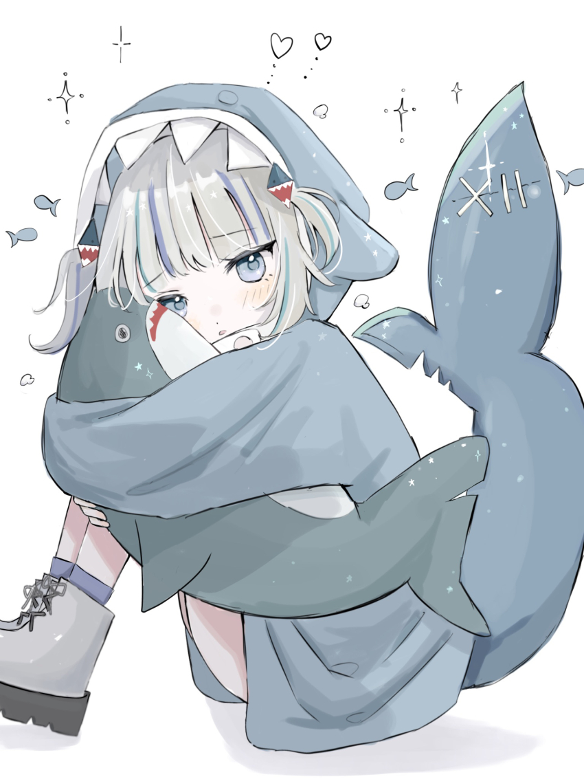 blue_eyes blush fins fish fish_tail gawr_gura hair_ornament hairclip hat heart highres hololive hololive_english hugging_own_legs iro_iro_iroo shark_girl shark_tail sparkle_background tail virtual_youtuber white_hair