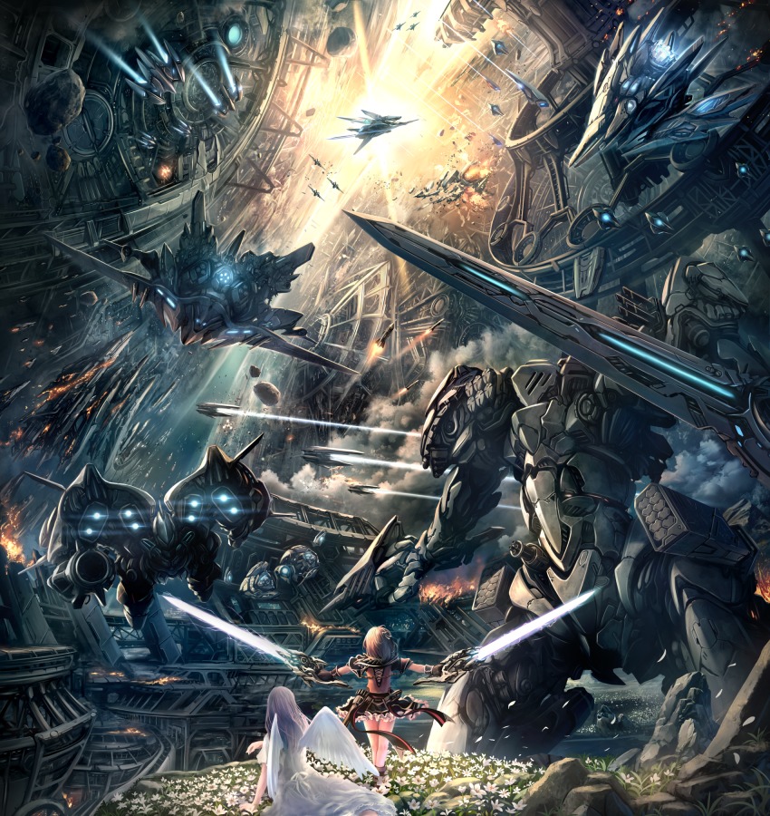 2girls aircraft airplane backlighting battle brown_hair burning cross-laced_clothes diffraction_spikes dress dual_wielding energy_sword fantasy fighter_jet flower flying frilled_skirt frills from_behind gatling_gun highres holding holding_sword holding_weapon long_hair mecha military military_vehicle missile multiple_girls on_ground original outdoors protecting purple_hair robot rocket scenery science_fiction short_hair skirt smoke soraizumi spacecraft standing sword weapon white_dress wings