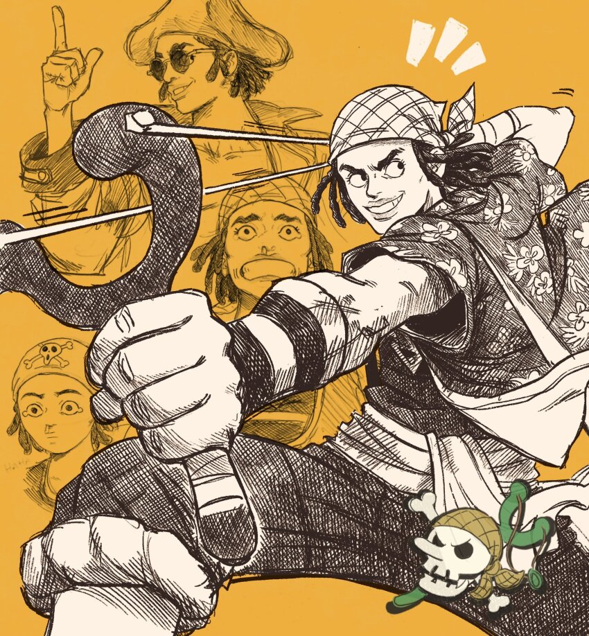 1boy aten_man bandana dreadlocks feet_out_of_frame full_body greyscale grin hat highres holding_slingshot jolly_roger long_nose male_focus monochrome multiple_views notice_lines one_piece one_piece_(live_action) open_clothes open_shirt overalls pirate_hat pointy_nose print_shirt sash shirt short_hair short_sleeves skull_and_crossbones slingshot_(weapon) smile solo_focus sunglasses usopp v-shaped_eyebrows yellow_background