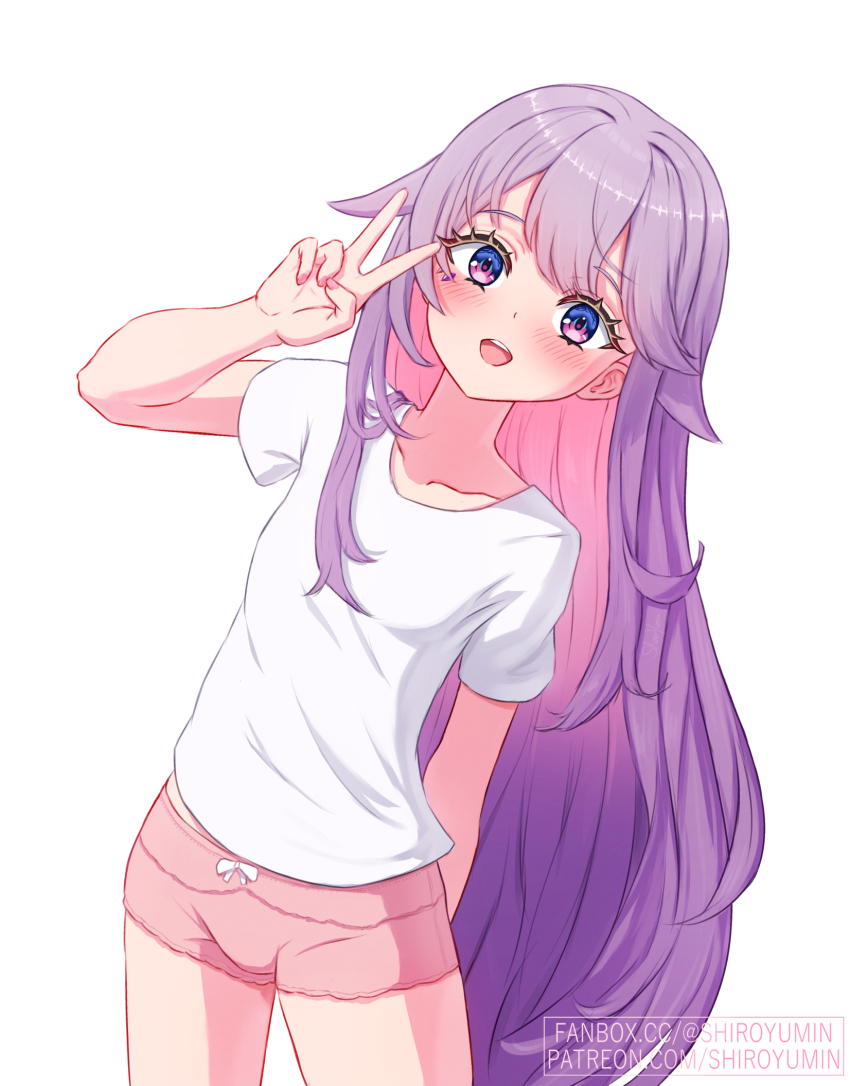 1girl cowboy_shot flat_chest highres hololive hololive_english koseki_bijou long_hair looking_at_viewer open_mouth purple_eyes purple_hair shiroyumin shirt short_shorts short_sleeves shorts sidelocks solo t-shirt thighs v very_long_hair virtual_youtuber watermark web_address white_background white_shirt