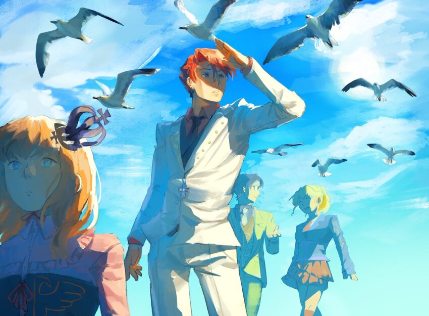 2boys 2girls ^_^ bird black_necktie blue_sky brown_hair closed_eyes cloud collared_shirt commentary cousins crown english_commentary formal_clothes glasses jacket medium_hair multiple_boys multiple_girls necktie outdoors pants peachducy red_hair red_shirt seagull shirt short_hair sky smile suit umineko_no_naku_koro_ni ushiromiya_battler ushiromiya_george ushiromiya_jessica ushiromiya_maria white_jacket white_pants white_suit