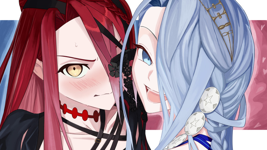 19_chisinlo 2girls bare_shoulders black_dress blue_eyes blue_hair blue_ribbon blush bow braid breasts choker dress dual_persona fate/grand_order fate_(series) hair_between_eyes hair_over_one_eye hairband highres long_hair long_sleeves looking_at_viewer multiple_girls red_hair ribbon small_breasts typhon_ephemeros_(fate) typhon_ephemeros_(second_ascension)_(fate) typhon_epsilon_(fate) very_long_hair white_dress yellow_eyes