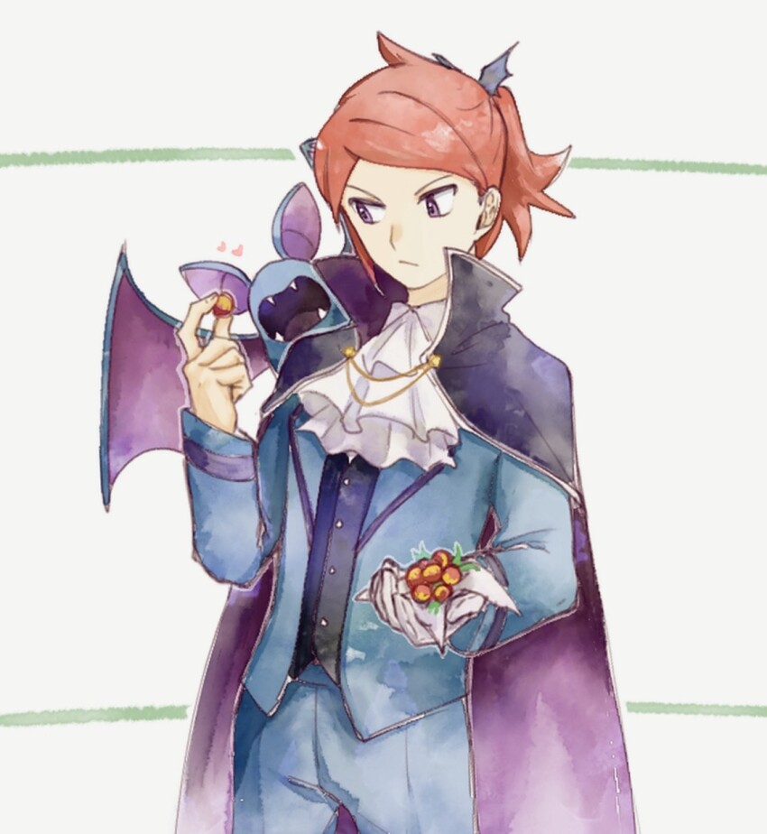 1boy alternate_costume alternate_hairstyle ascot asuka_rkgk buttons cape chain closed_mouth commentary_request cowlick gen_1_pokemon gloves heart highres holding jacket long_sleeves looking_down male_focus nintendo pants parted_bangs pokemon pokemon_(creature) pokemon_hgss ponytail silver_(pokemon) single_glove vest white_ascot white_background white_gloves zubat
