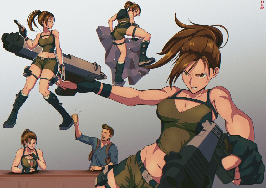 1boy 1girl absurdres beer_mug boots breasts brown_eyes brown_hair camisole cleavage clenched_teeth climbing closed_eyes commentary crossover cup dual_wielding green_camisole gun handgun highres holding holding_cup holding_gun holding_weapon holster kneehighs lara_croft medium_breasts midriff mug nathan_drake navel open_mouth pouch santiagodraws short_shorts shorts shoulder_holster signature smile socks teeth thigh_pouch tomb_raider uncharted weapon