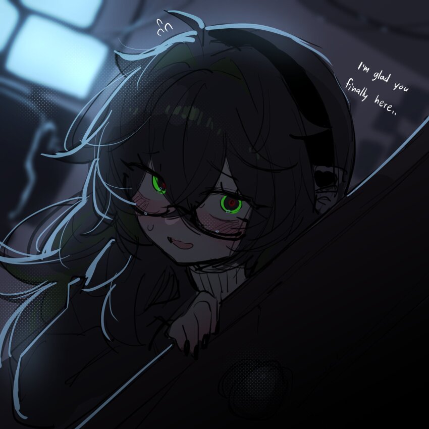 1girl black_hair blush degrees_of_lewdity english_text glasses green_eyes highres indoors kai_(drakkai10) kylar_(degrees_of_lewdity) kylar_(female)_(degrees_of_lewdity) long_hair looking_at_viewer monitor open_mouth solo