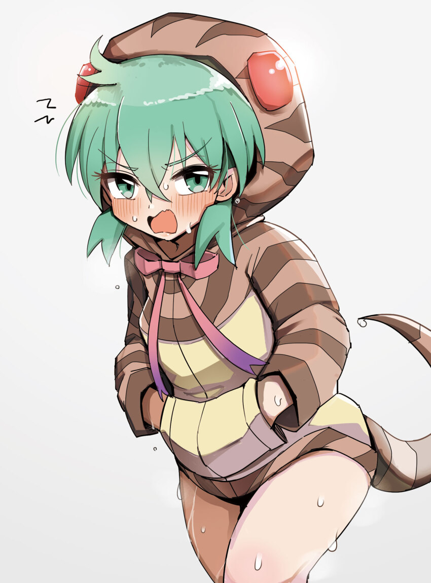 1girl bare_legs blue_eyes blush bow bowtie brown_hoodie cowboy_shot diz_(diznaoto) dress embarrassed green_hair hair_between_eyes hands_in_pockets highres hood hoodie kemono_friends long_sleeves looking_at_viewer open_mouth pink_bow pink_bowtie print_hoodie short_hair sidelocks snake_girl snake_print snake_tail solo sweatdrop sweater sweater_dress tail tsuchinoko_(kemono_friends) yellow_hoodie