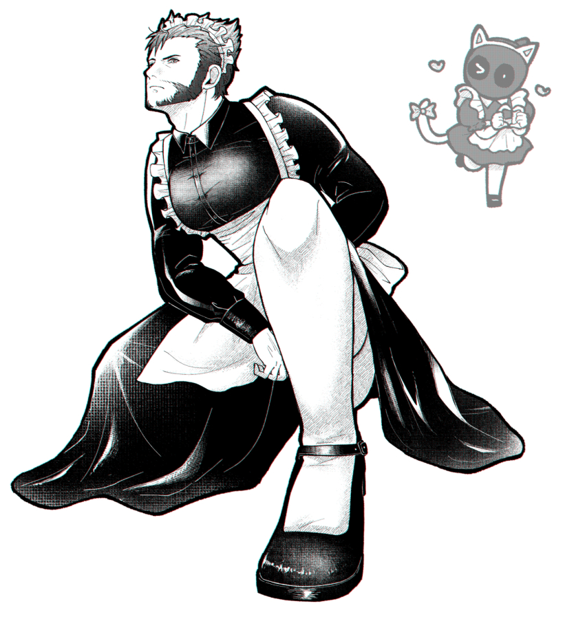 2boys four-finger_heart_hands animal_ears animification apron beard cat_ears cat_tail chibi closed_mouth commentary_request crossdressing deadpool deadpool_&amp;_wolverine deadpool_(series) doghooouse facial_hair heart heart_hands highres large_pectorals long_sleeves maid maid_headdress male_focus marvel marvel_cinematic_universe mary_janes monochrome multiple_boys muscular muscular_male on_one_knee pectorals shoes short_hair tail thighhighs thighs wolverine_(x-men) x-men