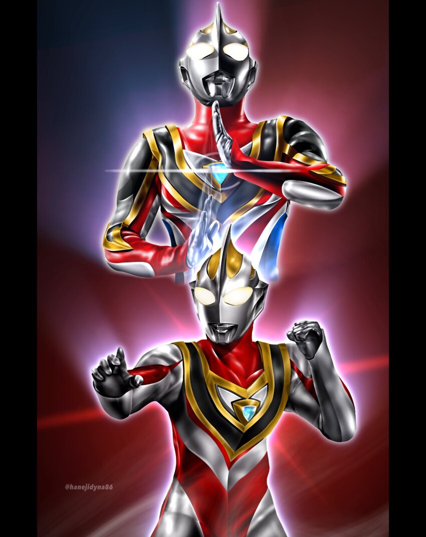 1boy alien armor blue_skin breastplate clenched_hand collarbone color_timer colored_skin commentary compound_eyes cropped_torso diffraction_spikes dorsal_fin fighting_stance glowing glowing_eyes gold_trim hands_up hanejidyna86 highres looking_ahead male_focus multicolored_skin multiple_views muscular muscular_male outstretched_arm pectorals pillarboxed red_background red_skin shoulder_armor silver_skin solo standing tokusatsu toned toned_male twitter_username ultra_series ultraman_gaia ultraman_gaia_(series) ultraman_gaia_(supreme_version) upper_body white_eyes wrinkled_skin