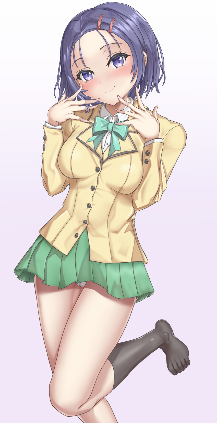 1girl absurdres azur_lane black_socks blush bow bowtie cameltoe closed_mouth collared_shirt green_bow green_bowtie green_skirt hair_ornament hairclip hands_up highres long_sleeves looking_at_viewer miniskirt panties panty_peek purple_eyes purple_hair sainan_high_school_uniform sairenji_haruna school_uniform shirt short_hair simple_background skirt smile socks solo to_love-ru underwear white_panties white_shirt xdl