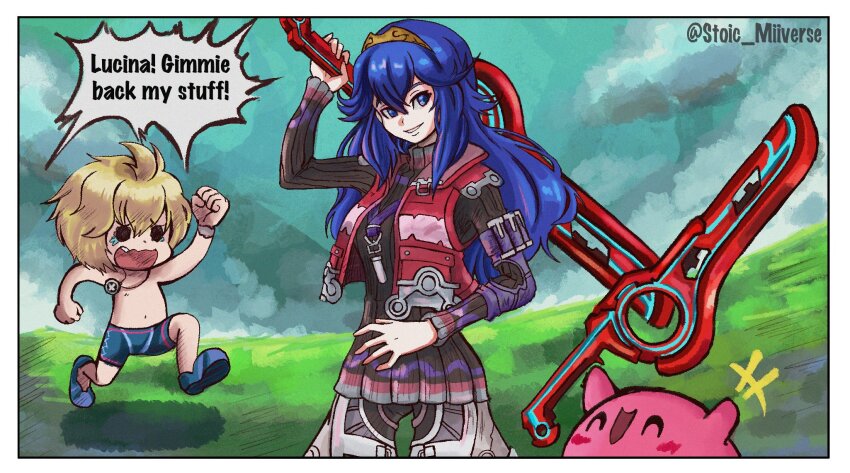 1girl 2boys alternate_costume alternate_weapon amulet arm_up blonde_hair blue_hair blush breasts closed_eyes commentary company_connection cosplay crossover english_commentary english_text fire_emblem fire_emblem_awakening hal_laboratory highres holding holding_weapon intelligent_systems kirby kirby_(series) long_hair looking_at_another looking_back looking_to_the_side lucina_(fire_emblem) male_swimwear medium_breasts monado monolith_soft multiple_boys nintendo open_mouth sandals short_hair shulk_(xenoblade) shulk_(xenoblade)_(cosplay) smile stoic_seraphim super_smash_bros. swim_trunks swimsuit tearing_up tiara trait_connection weapon wristband xeno_(series) xenoblade_chronicles_(series) xenoblade_chronicles_1