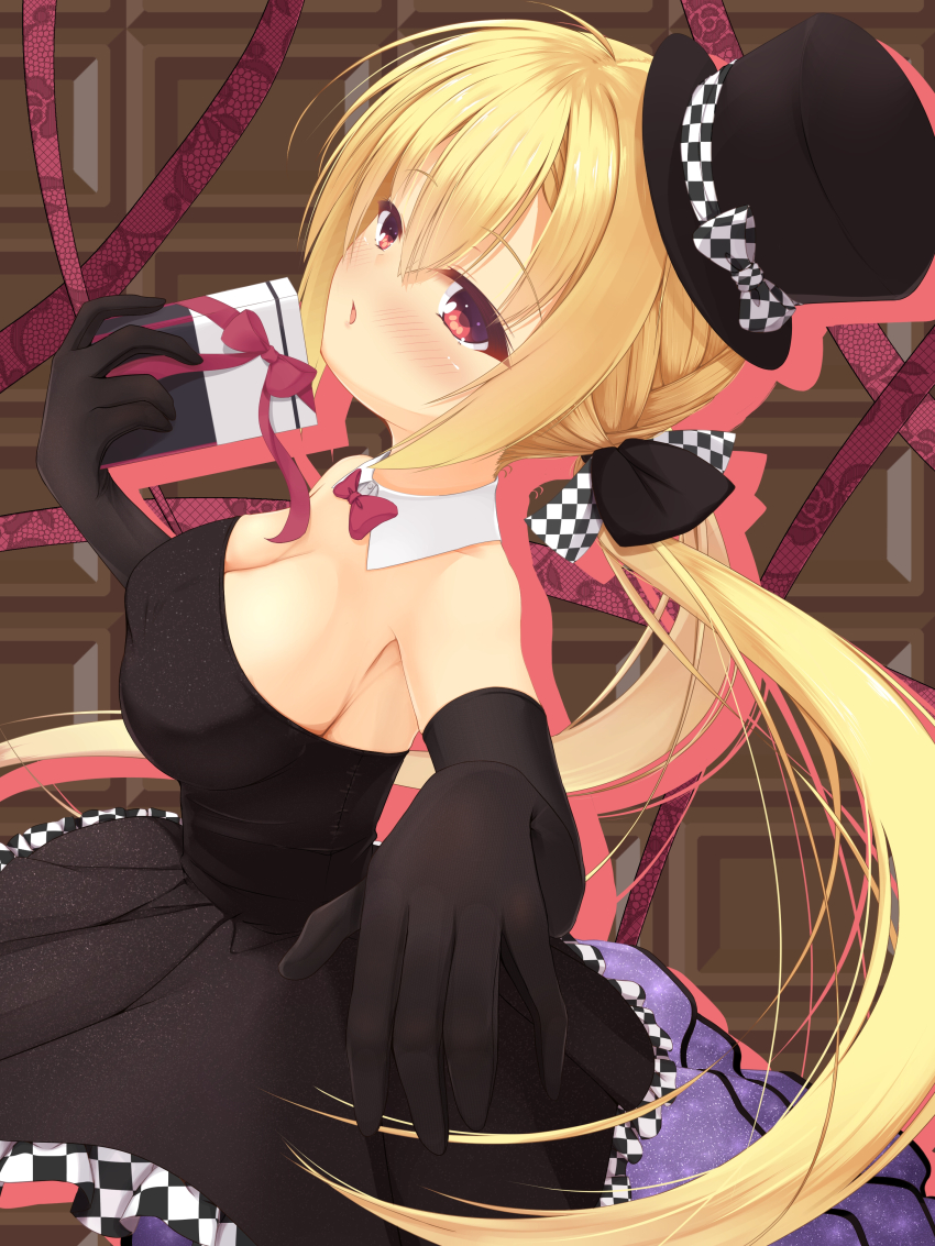 1girl absurdres alternate_costume arihara_nanami bare_shoulders black_bow black_dress black_gloves black_hat blonde_hair blush bow bowtie breasts brown_background checkered_bow checkered_clothes cleavage commentary cowboy_shot detached_collar dress drop_shadow elbow_gloves fine_fabric_emphasis floating_hair floral_print from_side gift gloves hair_between_eyes hair_bow hand_up hat hat_bow highres holding holding_gift large_breasts long_hair long_ribbon looking_at_viewer low_twintails open_mouth print_ribbon reaching reaching_towards_viewer red_bow red_bowtie red_eyes red_ribbon reiji_tsukimi ribbon riddle_joker rose_print simple_background solo strapless strapless_dress top_hat twintails valentine very_long_hair