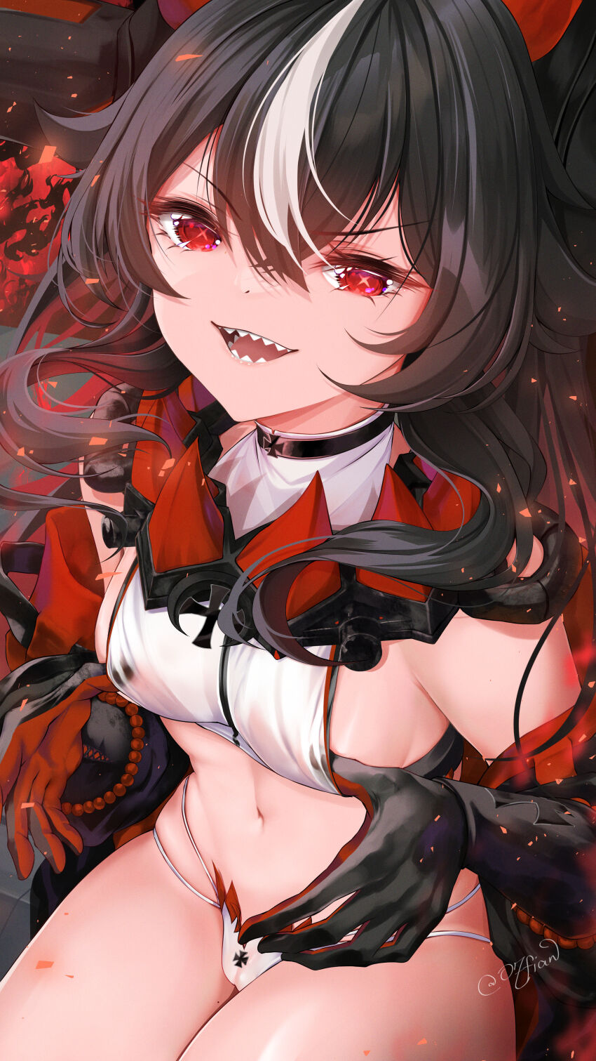 +_+ 1girl :d absurdres azur_lane bare_shoulders bikini black_choker black_gloves black_hair black_jacket breasts choker clothes_pull crop_top cropped_jacket cross elbow_gloves finger_under_clothes from_above gloves hair_between_eyes hands_up highres hip_focus iron_cross jacket jacket_pull looking_at_viewer looking_up medium_breasts multi-strapped_bikini_bottom multi-strapped_panties multicolored_hair navel o7fian open_clothes open_jacket open_mouth panties red_eyes sharp_teeth sideboob sitting smile solo stomach streaked_hair string_panties swimsuit teasing teeth thighs two-tone_hair underwear white_bikini white_hair white_panties z16_(azur_lane)