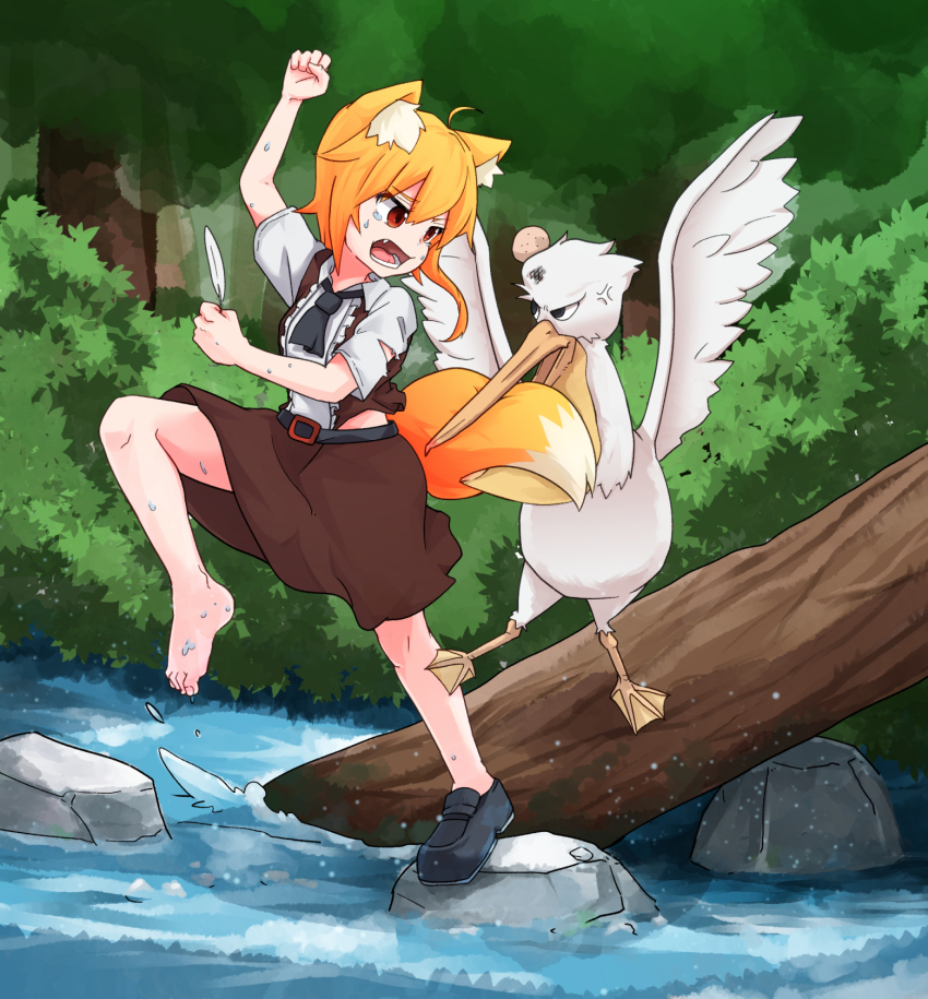 1girl anger_vein animal_ear_fluff animal_ears asymmetrical_hair barefoot bird black_footwear black_neckwear blonde_hair brown_skirt brown_vest bush collared_shirt commentary_request cookie_(touhou) feathers fighting forest fox_ears fox_girl fox_tail full_body head_bump highres holding holding_feather log medium_hair miramikaru_riran nature necktie open_mouth outdoors pelican red_eyes river rock shirt shoes short_sleeves sidelocks single_shoe skirt tail tree vest water white_shirt yan_pai