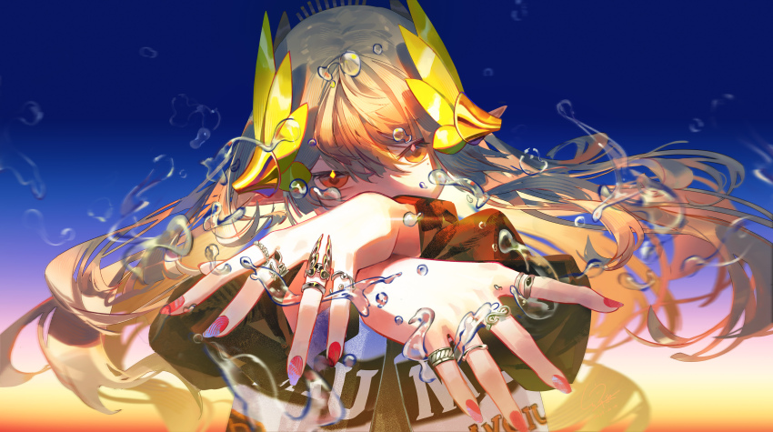 1girl absurdres arknights brown_hair commentary_request crossed_wrists elf floating_hair gradient_background hair_spread_out highres jewelry laurel_crown long_hair looking_at_viewer lyuqiu mole mole_under_eye muelsyse_(arknights) multiple_rings nail_polish orange_eyes pointy_ears red_nails ring solo upper_body water