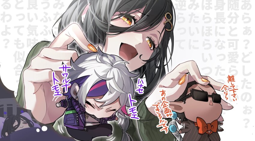 1girl 2boys black_hair bow bowtie chibi closed_eyes dreaming fuwa_minato fuwa_minato_(1st_costume) grey_hair gwelu_os_gar gwelu_os_gar_(1st_costume) hair_ornament highres holding holding_microphone jacket jip microphone motion_lines multicolored_hair multiple_boys nail_polish night_kingdom_(nijisanji) nijisanji open_mouth orange_nails pointy_ears purple_hair purple_jacket red_hair shirayuki_tomoe shirayuki_tomoe_(1st_costume) speech_bubble sunglasses thought_bubble translation_request triangle_mouth virtual_youtuber yellow_eyes