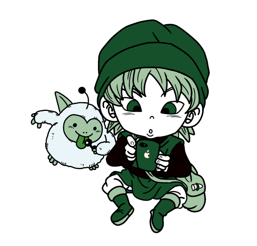 1boy 1other aged_down bag boots candy cellphone child creature dragon_quest dragon_quest_monsters dragon_quest_monsters:_terry&#039;s_wonderland fenyon fluffy_(dragon_quest) food green_theme hat highres holding holding_candy holding_food holding_lollipop holding_phone iphone licking lollipop looking_at_phone pants phone short_hair shoulder_bag sitting smartphone terry_(dq6) tongue tongue_out tunic white_background
