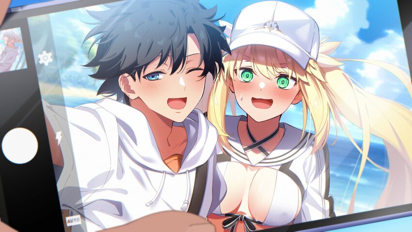 1boy 1girl absurdres artoria_caster_(fate) artoria_caster_(swimsuit_berserker)_(fate) artoria_caster_(swimsuit_berserker)_(first_ascension)_(fate) artoria_pendragon_(fate) baseball_cap beach bikini blue_eyes blue_sky blush breasts cellphone cellphone_photo cloud commentary commission cropped_jacket english_commentary fate/grand_order fate_(series) fujimaru_ritsuka_(male) fujimaru_ritsuka_(male)_(summer_street) green_eyes hat highres holding holding_phone hood hood_down hoodie jacket kpaoi long_hair medium_breasts ocean official_alternate_costume one_eye_closed open_mouth outdoors phone selfie skeb_commission sky smile swimsuit twintails very_long_hair water white_hat white_hoodie white_jacket