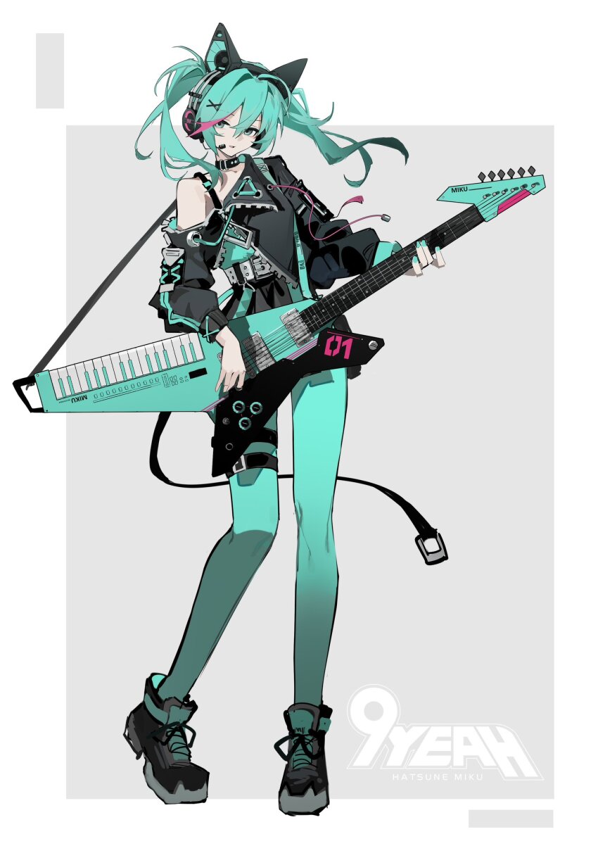 1girl alternate_costume animal_ear_headphones animal_ears aqua_eyes aqua_leggings asymmetrical_jacket baggy_clothes belt black_choker black_jacket black_shoes black_skirt cat_ear_headphones choker collarbone colored_skin commentary_request contrapposto electric_guitar expressionless fake_animal_ears flat_color full_body grey_belt grey_skin guitar half-closed_eyes hatsune_miku head_tilt headphones headset highres holding holding_guitar holding_instrument instrument jacket jiu_ye_sang keytar leggings long_hair looking_at_viewer miniskirt multicolored_hair music open_clothes open_jacket pale_skin parted_lips playing_instrument shoes simple_background single_bare_shoulder skirt sneakers solo streaked_hair twintails two-tone_background vocaloid zipper zipper_pull_tab