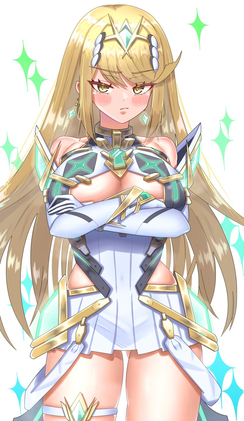 1girl absurdres blush breasts chest_jewel core_crystal_(xenoblade) cowboy_shot crossed_arms earrings highres jewelry large_breasts looking_at_viewer meipasuye mythra_(xenoblade) simple_background solo sparkle tiara white_background xenoblade_chronicles_(series) xenoblade_chronicles_2