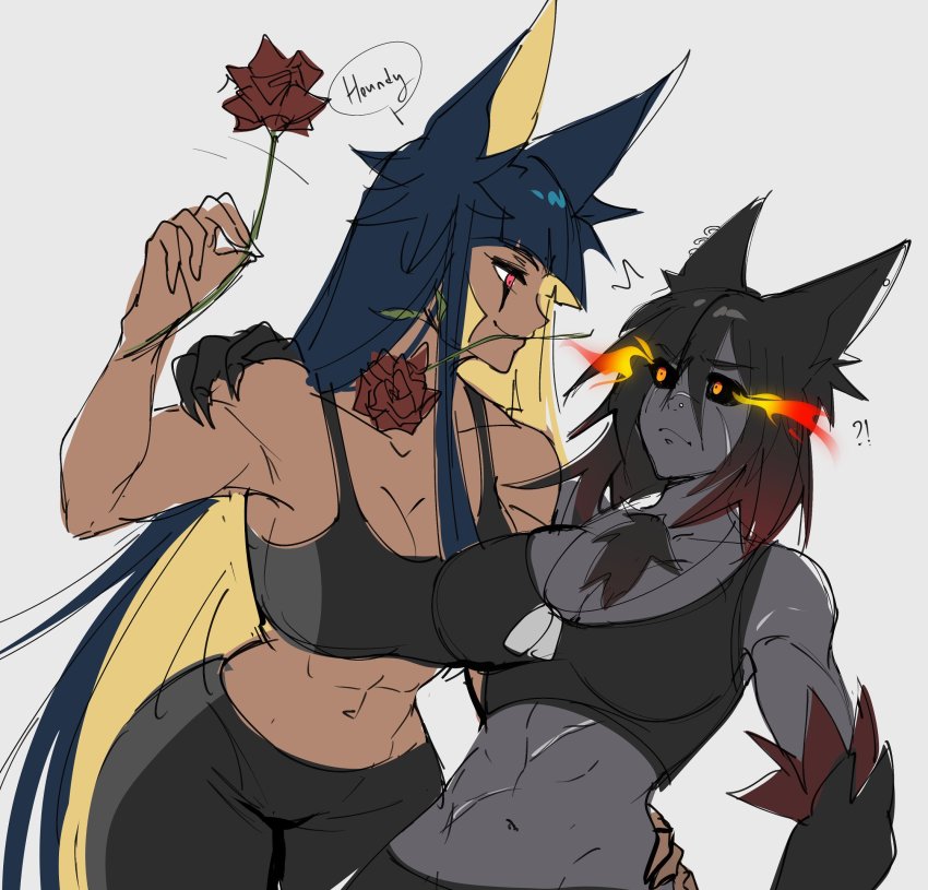 ! 2girls ? abs animal_ears anput_(nsfwolf) black_hair black_sclera blunt_bangs blunt_ends breasts cleavage colored_sclera colored_skin dark-skinned_female dark_skin dog_tags earrings flaming_eye flower flower_in_mouth grey_skin hand_on_another&#039;s_hip hellhound_(monster_girl_encyclopedia) highres in_mouth jewelry large_breasts midriff monster_girl_encyclopedia monster_girl_encyclopedia_ii mouth_hold multicolored_hair multiple_girls nose_piercing nsfwolf original piercing red_eyes rose scar sports_bra sportswear toned two-tone_hair yuri