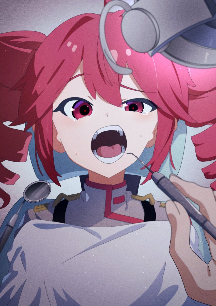 1girl 1other bib close-up dental_chair dentist drill_hair fin_gocco grey_jacket high_collar highres jacket kasane_teto kasane_teto_(sv) looking_at_viewer mouth_mirror open_mouth pov raised_eyebrow red_eyes red_hair red_trim synthesizer_v tearing_up teeth twin_drills