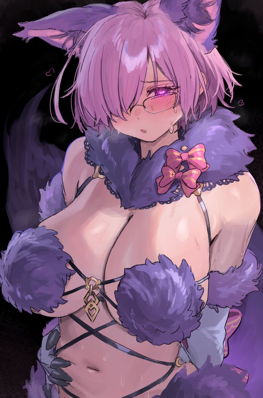 1girl absurdres animal_ears aochoku bare_shoulders blush breasts cleavage commentary elbow_gloves fate/grand_order fate_(series) fur-trimmed_gloves fur-trimmed_legwear fur_bikini fur_collar fur_trim glasses gloves hair_over_one_eye halloween_costume heart heart-shaped_pupils highres large_breasts looking_at_viewer mash_kyrielight mash_kyrielight_(dangerous_beast) navel o-ring o-ring_top open_mouth pink_hair purple_eyes purple_gloves purple_tail semi-rimless_eyewear short_hair solo sweat symbol-only_commentary symbol-shaped_pupils upper_body wolf_ears
