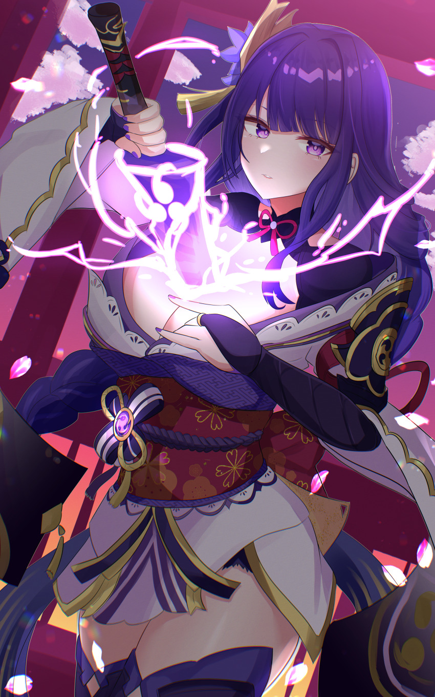 1girl absurdres amamiya_kure armor blunt_bangs braid breasts bridal_gauntlets cherry_blossoms cleavage clothing_cutout cloud cloudy_sky commentary_request dawn drawing_sword electricity electro_symbol_(genshin_impact) falling_petals genshin_impact glowing glowing_petals glowing_sword glowing_weapon highres holding holding_sword holding_weapon human_scabbard japanese_clothes kimono large_breasts lingerie long_braid mitsudomoe_(shape) musou_isshin_(genshin_impact) neck_ribbon no_mole outdoors petals pink_clouds purple_eyes purple_hair purple_kimono purple_nails purple_sky purple_thighhighs raiden_shogun red_ribbon red_sash ribbon sash shoulder_armor shoulder_cutout single_braid sky solo standing sunset sword sword_between_breasts thighhighs thighs tomoe_(symbol) underwear upper_body weapon