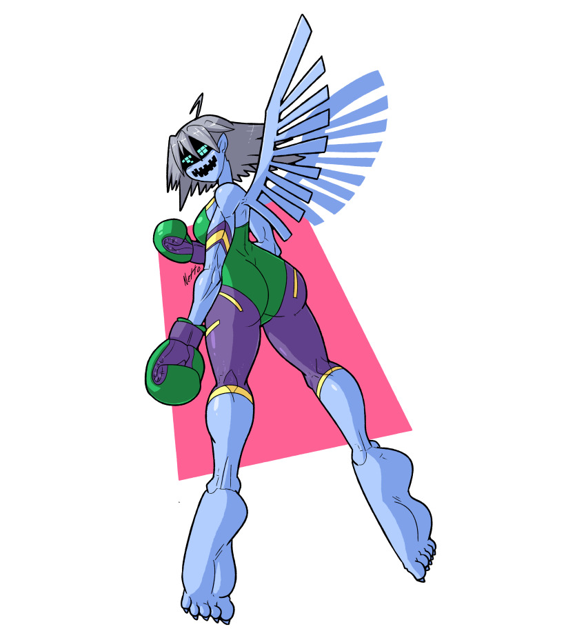 1girl absurdres alternate_form ass blue_skin boxing_gloves breasts colored_skin creepy d-reaper d-reaper_adr-01 digimon digimon_tamers fang fangs fingernails full_body green_leotard grin highleg highleg_leotard highres huge_ass leotard looking_at_viewer looking_back monster_girl muscular muscular_female netto netto-painter no_humans open_mouth shiny_clothes shiny_skin silver_hair skin_fang smile wings