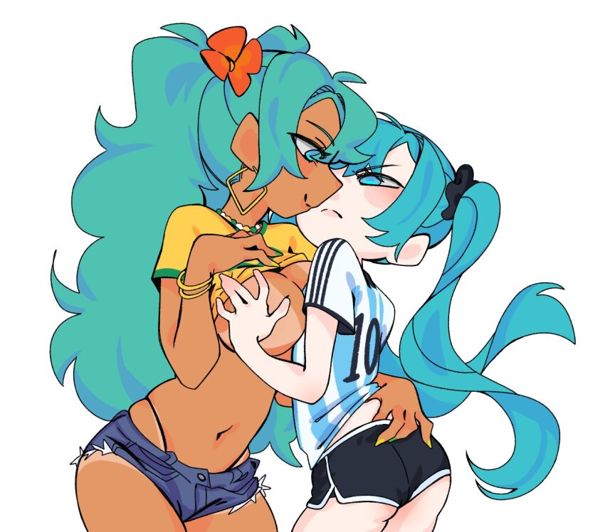 2girls aqua_hair argentina argentinian_flag argentinian_flag_print argentinian_miku blush brazil brazilian_flag brazilian_miku breasts couple dark-skinned_female dark_skin earrings flag_print grabbing_another&#039;s_ass grabbing_another&#039;s_breast groping hair_ornament hatsune_miku holding_another&#039;s_waist jewelry large_breasts long_hair multiple_girls pinkhiwi shirt short_sleeves smile striped_clothes tan twintails very_long_hair vocaloid worldwide_miku yellow_shirt yuri