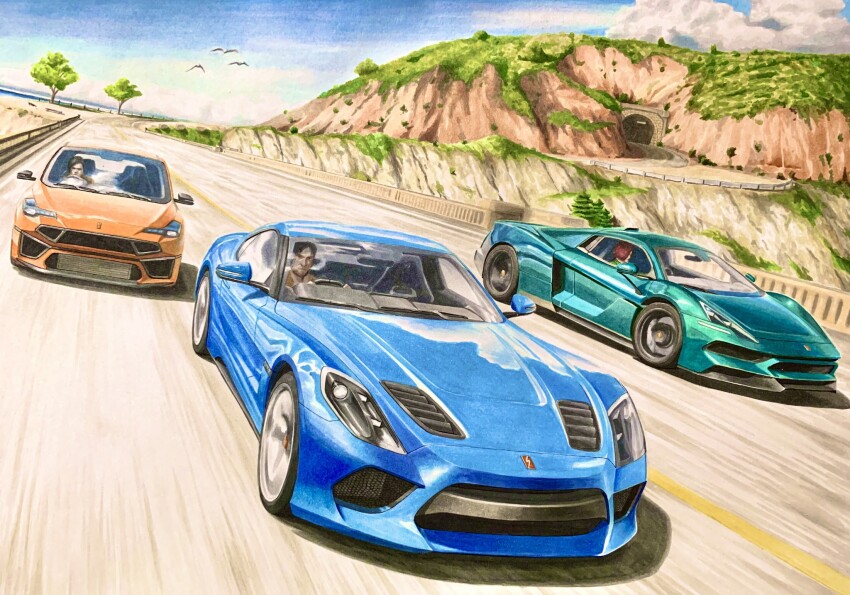 1girl 2boys blue_car brown_hair car cloud driving frown highres motion_blur motor_vehicle mountain multiple_boys orange_car original outdoors road shadow short_hair sky sports_car sumakun vehicle_focus