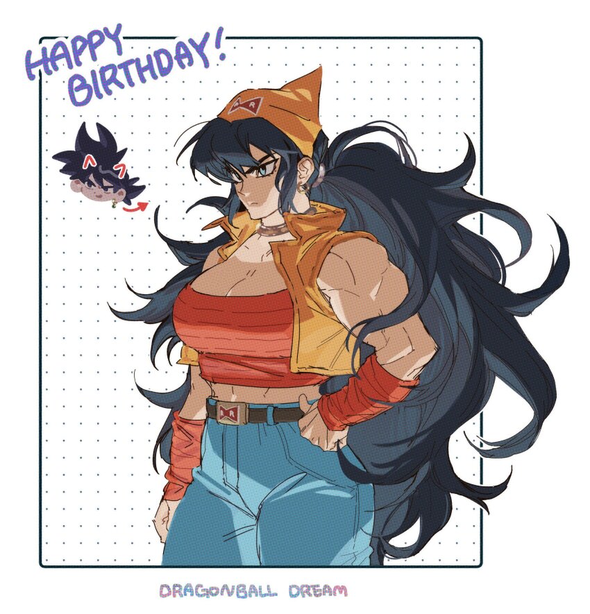 1boy 1girl absurdres android android_22_(figmentsaint) android_22_(oc) arrow_(symbol) bandana black_eyes black_hair blue_eyes border borrowed_character breasts cleavage closed_mouth commentary_request copyright_name cowboy_shot cropped_vest dark-skinned_male dark_skin denim dragon_ball dragon_ball_super earrings frown gift_art goku_black gold_earrings hand_on_own_hip happy_birthday highres hoop_earrings hyong311 jeans jewelry korean_commentary large_breasts looking_ahead low_twintails muscular muscular_female orange_arm_warmers orange_bandana orange_tube_top orange_vest pants potara_earrings red_ribbon_army spiked_hair strapless tube_top twintails vest white_border