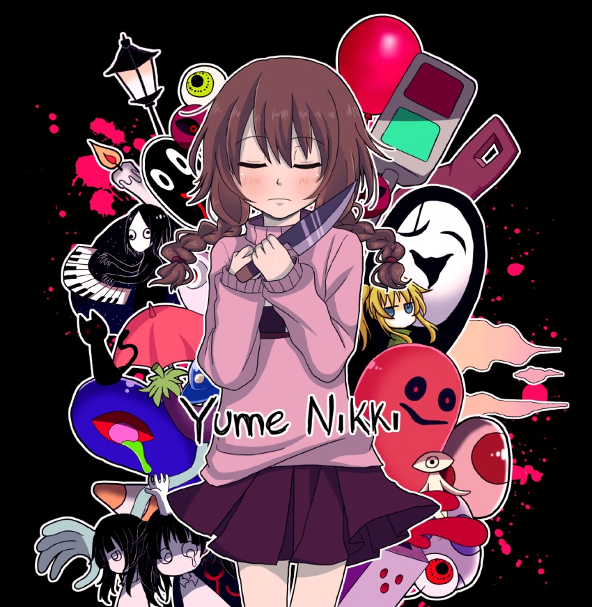 1girl balloon black_background black_hair blonde_hair braid brown_hair closed_eyes egg eggplant eyeball highres kasei-san kitchen_knife knife kyukkyu-kun long_hair madotsuki monoe monoko multiple_girls pink_shirt poniko ponytail sekomumasada_sensei shirt skirt sweater tokuto-kun traffic_cone turtleneck twin_braids twintails uboa ximsol182 yume_nikki