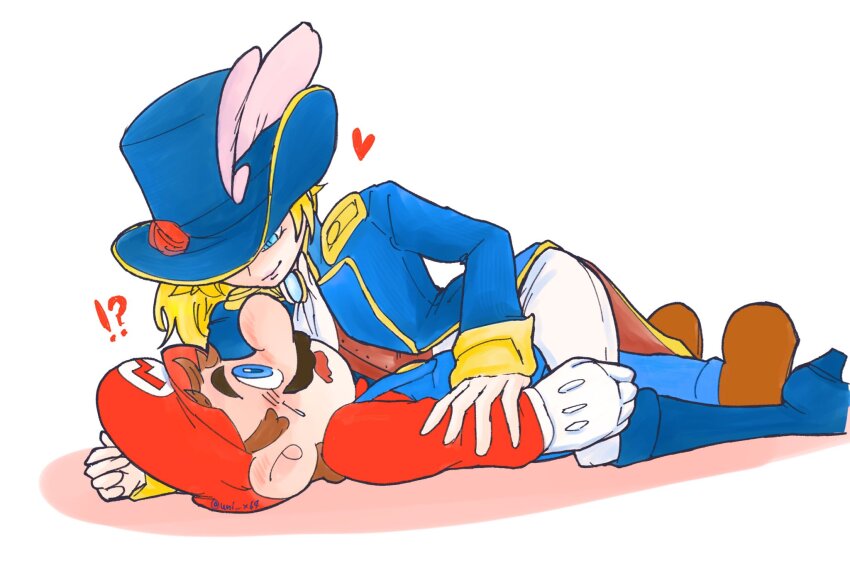 1boy 1girl assertive_female between_legs blue_eyes brown_hair facial_hair girl_on_top gloves grin hat hat_feather heart highres leg_grab long_hair looking_at_another lying_on_person mario mario_(series) mustache nervous nintendo overalls princess_peach princess_peach:_showtime! smile spoken_heart sweat swordfighter_peach uni_x64