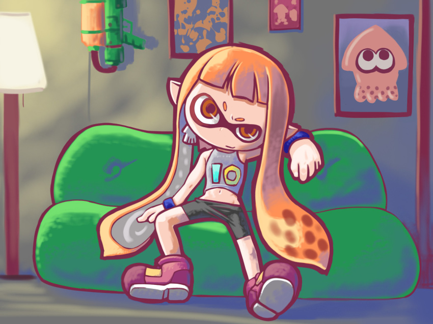 1girl couch domino_mask female_focus green_upholstery highres inkling_player_character long_hair mask matching_hair/eyes midriff navel nintendo orange_eyes orange_hair shorts sitting smile solo splatoon_(series) tentacle_hair twintails wristband
