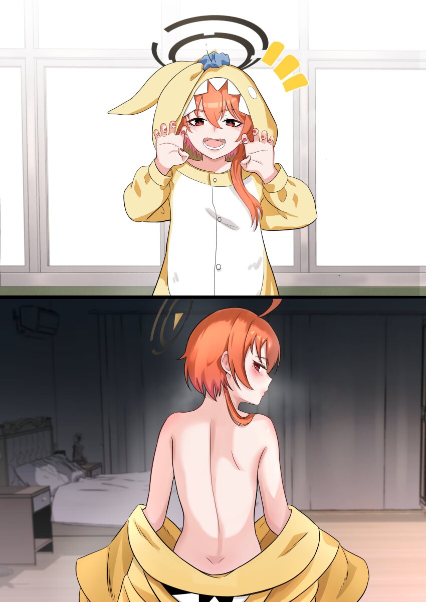 1girl absurdres ahoge alternate_costume animal_costume animal_ear_hood animal_ears animal_hood back bedroom before_and_after blue_archive blush breasts butt_crack claw_pose cosplay fake_animal_ears from_behind halo highres hood hooded_pajamas koyuki_(blue_archive) koyuki_(pajamas)_(blue_archive) koyuki_(pajamas)_(blue_archive)_(cosplay) lips looking_back mole mole_under_each_eye mole_under_eye multiple_moles multiple_views navel neru_(blue_archive) onesie open_mouth orange_hair pajamas red_eyes red_nails short_hair sidetail single_sidelock sleepnya small_breasts solo standing topless_female unbuttoned undressing white_background yellow_pajamas