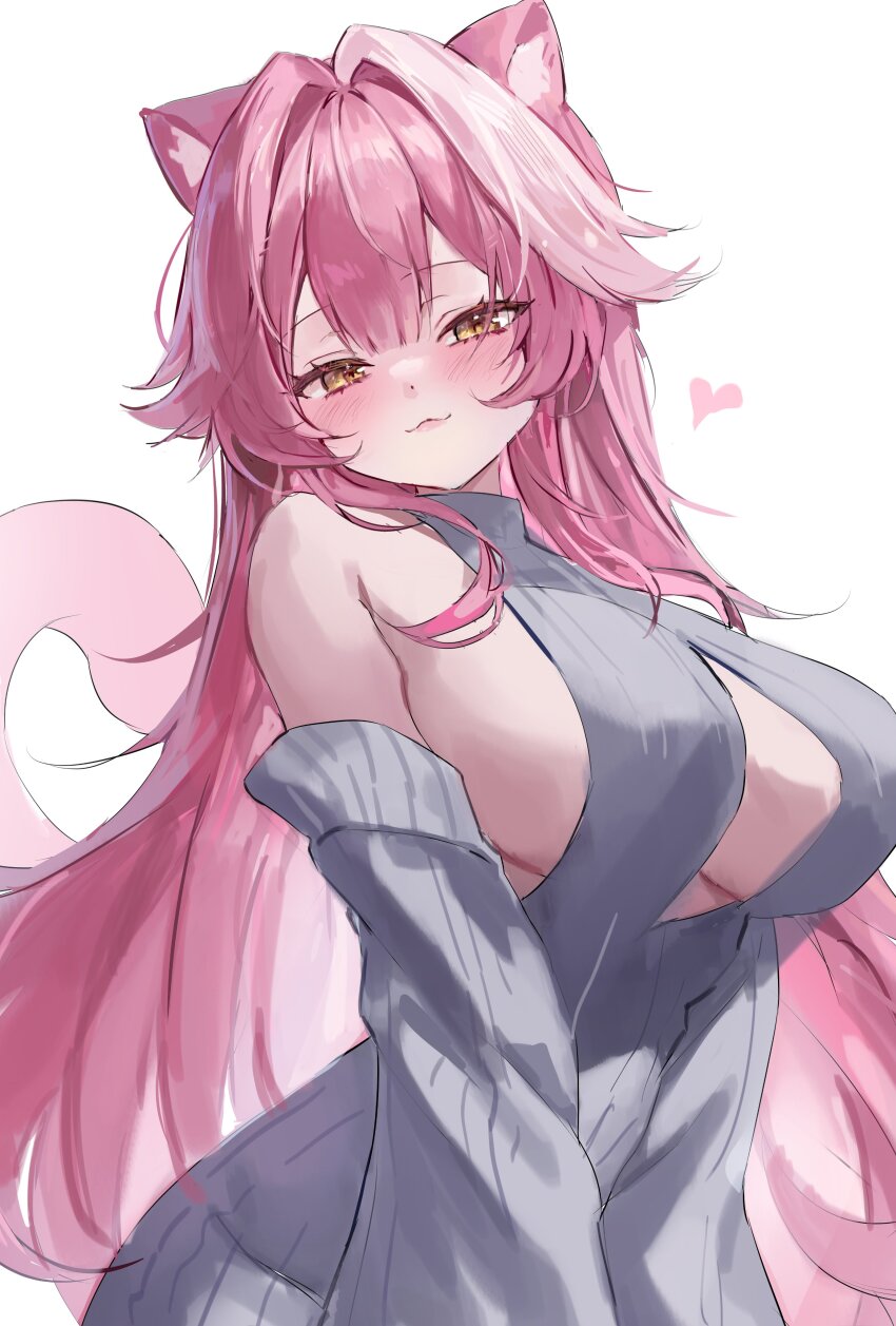 1girl absurdres animal_ears bare_shoulders blush breasts closed_mouth detached_sleeves grey_sleeves grey_sweater hair_intakes heart highres hololive hololive_english large_breasts long_hair looking_at_viewer multicolored_hair panther_ears panther_girl panther_tail pink_hair pink_tail raora_panthera simple_background smile solo streaked_hair sweater tail teru_(s2_teru) virgin_killer_sweater virtual_youtuber white_background yellow_eyes