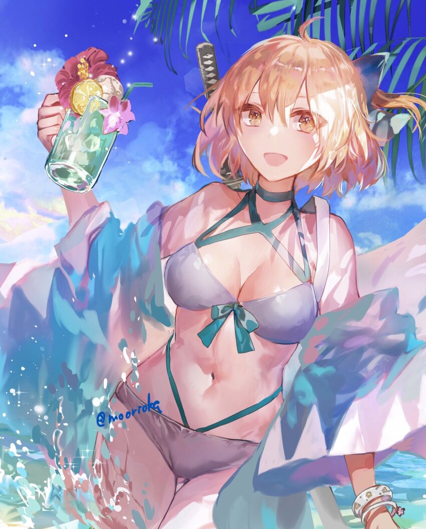 1girl ahoge aqua_bow bare_shoulders beach bikini blonde_hair blue_sky bow breasts cleavage collarbone cup fate/grand_order fate_(series) hair_bow half_updo haori highleg highleg_bikini highres japanese_clothes large_breasts long_sleeves looking_at_viewer mug off_shoulder okita_j._souji_(fate) okita_j._souji_(third_ascension)_(fate) okita_souji_(fate) open_mouth rioka_(southern_blue_sky) short_hair sky smile solo swimsuit white_bikini wide_sleeves yellow_eyes