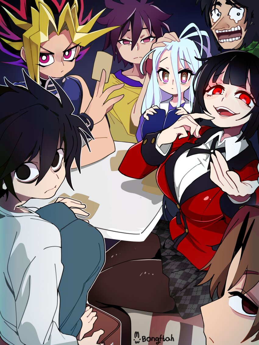 2girls 5boys absurdres black_eyes black_hair black_pantyhose black_skirt blonde_hair blue_hair bongfill breasts bright_pupils brown_eyes brown_hair character_request closed_mouth copyright_request death_note hair_between_eyes highres hyakkaou_academy_school_uniform itou_kaiji jabami_yumeko kaiji kakegurui knees_up l_(death_note) large_breasts long_hair long_sleeves looking_at_viewer multicolored_hair multiple_boys multiple_girls muto_yugi no_game_no_life open_mouth pantyhose purple_eyes purple_hair red_eyes school_uniform shiro_(no_game_no_life) shirt short_hair sitting skirt sleeves_past_wrists smile sora_(no_game_no_life) t-shirt teeth tongue white_pupils yellow_shirt yu-gi-oh!