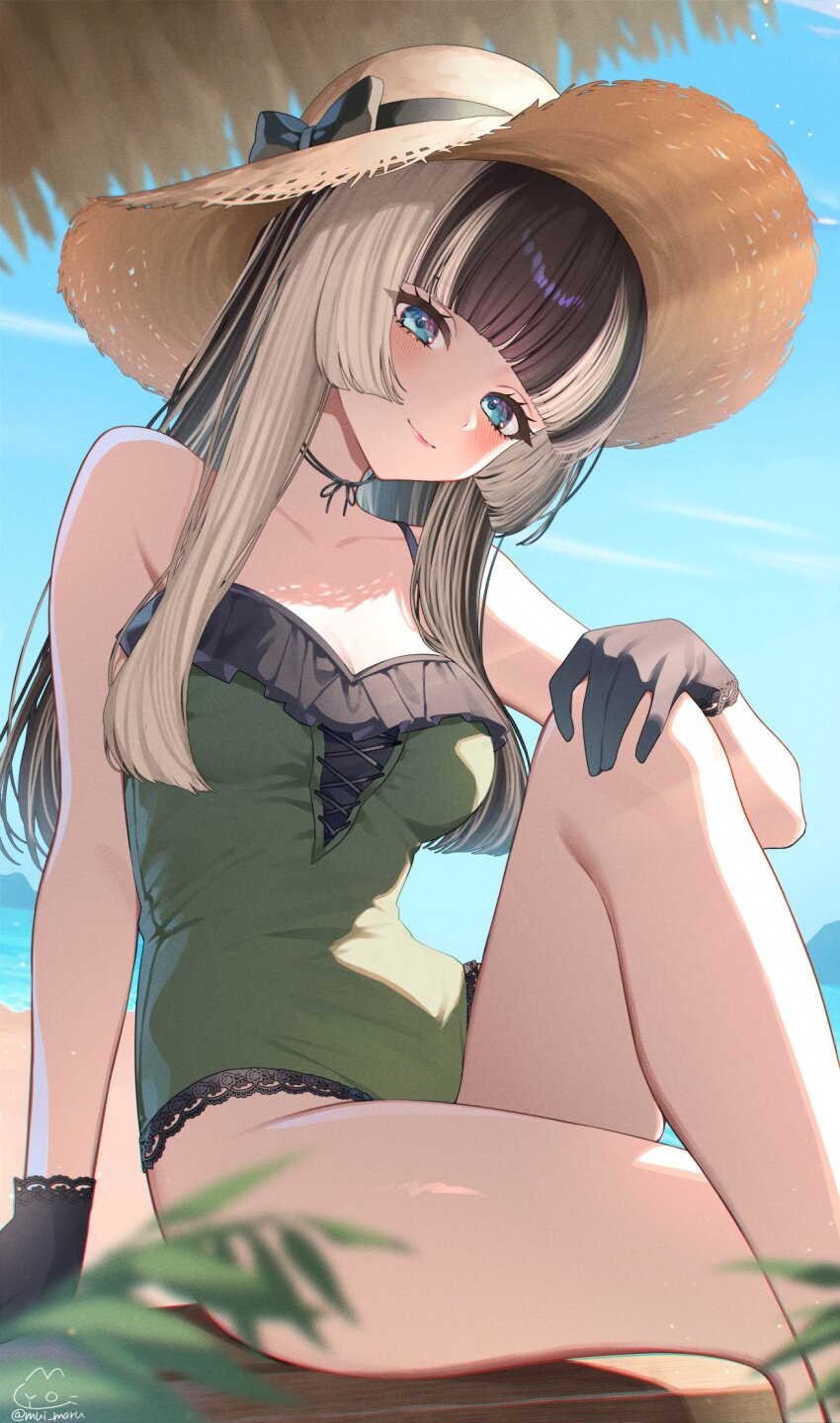 1girl alternate_costume beach black_gloves black_hair blue_eyes blue_sky blunt_bangs breasts casual_one-piece_swimsuit cleavage cloud commentary commentary_request day gloves green_one-piece_swimsuit grey_hair hand_on_own_knee hat highres hime_cut hololive hololive_dev_is juufuutei_raden knee_up lace lace-trimmed_swimsuit lace_trim long_hair looking_at_viewer mui_maru multicolored_hair one-piece_swimsuit outdoors sitting sky smile solo straight_hair streaked_hair sun_hat swimsuit two-tone_hair