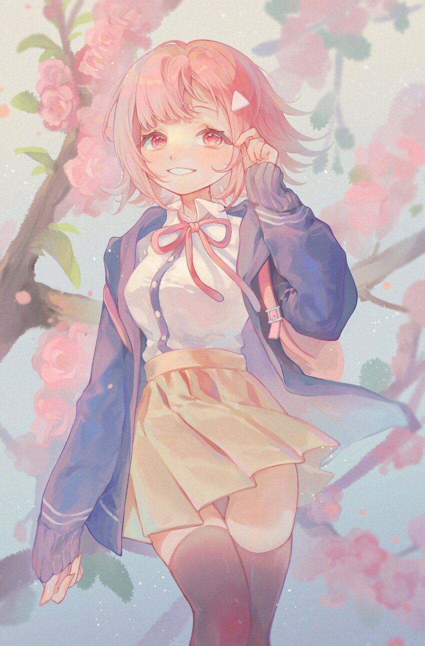 1girl alternate_hair_ornament black_shirt black_thighhighs brown_skirt cowboy_shot danganronpa_(series) danganronpa_2:_goodbye_despair flower grin hair_ornament highres jacket liang_cun_rakuna medium_hair miniskirt nanami_chiaki neck_ribbon open_clothes open_jacket pink_flower pink_hair pink_ribbon pleated_skirt purple_jacket ribbon shirt shirt_tucked_in skirt smile solo teeth thighhighs triangle_hair_ornament white_shirt zettai_ryouiki