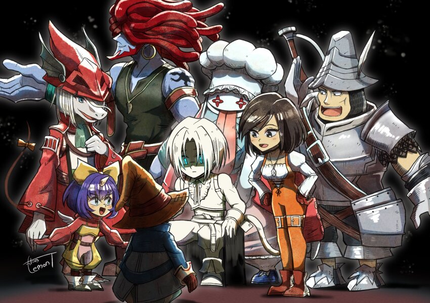 1other 3girls 4boys adelbert_steiner aqua_eyes arm_belt arm_tattoo armor armored_boots artist_name black_choker black_mage_(final_fantasy) blue_coat blue_skin bodysuit boots bow breastplate breasts brown_footwear brown_hair burmecian chef_hat choker coat colored_skin cropped_vest crystal dreadlocks earrings eiko_carol facial_hair final_fantasy final_fantasy_ix freija_crescent garnet_til_alexandros_xvii gloves glowing glowing_eyes green_vest grey_hair grey_skirt hair_bow hands_on_own_hips hat hat_feather helm helmet highres hoop_earrings horns jacket jewelry juliet_sleeves knight long_sleeves medium_breasts monkey_tail multiple_boys multiple_girls necklace open_mouth orange_bodysuit overalls parted_lips pendant plate_armor puffy_sleeves purple_hair quina_quen red_gloves red_hair red_hat red_jacket red_sweater salamander_coral shaded_face shirt short_hair shoulder_armor single_horn sitting skirt smile standing sweater tail tail_bow tail_ornament tattoo thigh_strap tongue tongue_out tooth_necklace vest vivi_ornitier watawata22 white_shirt wizard_hat wrist_cuffs yellow_bow yellow_overalls zidane_tribal
