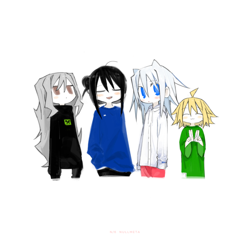 4girls :3 agoshi_sakina ahoge black_hair black_sweater blonde_hair blue_eyes blue_shirt blush brown_eyes character_print closed_eyes closed_mouth creeper cropped_legs cropped_torso double_v green_shirt grey_hair hair_bun hand_in_pocket highres hood hood_down hoodie jitome kokaki_mumose lineup long_hair looking_at_viewer looking_up minecraft multiple_girls null-meta open_mouth oversized_clothes oversized_shirt pants print_sweater red_pants shirt short_hair sidelocks single_hair_bun smile souen_chiaki sweater takada_shiyuki uozumi_kurumi v white_hair white_hoodie