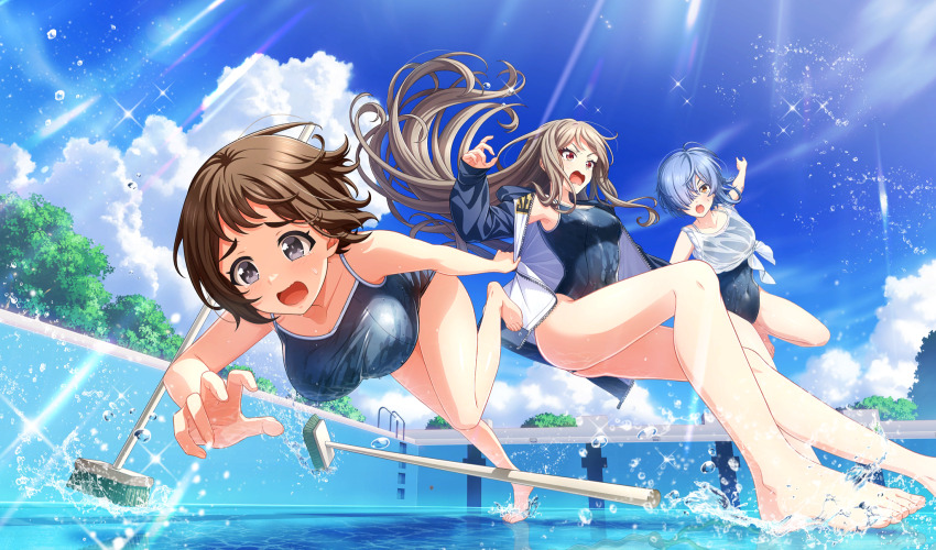 3girls :o asymmetrical_hair barefoot blue_hair brown_hair cinderella_series cleaning_brush cloud covered_navel cumulonimbus_cloud day dutch_angle empty_pool floating_hair from_below game_cg grey_eyes hachigatsu_no_cinderella_nine hair_over_one_eye highres jacket jinguji_sayaka light_particles light_rays long_hair makino_hana multiple_girls non-web_source official_art one_eye_covered open_clothes open_jacket open_mouth outdoors pool red_eyes school_swimsuit shirt sparkle summer sunbeam sunlight surprised sweat swimsuit tied_shirt toudou_taira tripping very_long_hair water_drop wavy_mouth yellow_eyes