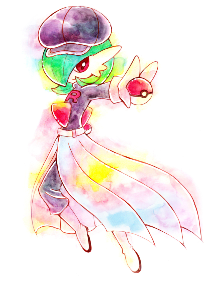 black_hat black_pants bob_cut colored_skin cosplay gardevoir gen_3_pokemon gloves green_hair hair_over_one_eye hat highres holding holding_poke_ball looking_at_viewer nintendo numagorou pants poke_ball pokemon pokemon_(creature) red_eyes simple_background team_rocket team_rocket_grunt team_rocket_grunt_(cosplay) team_rocket_uniform vest waistcoat white_footwear white_gloves white_skin