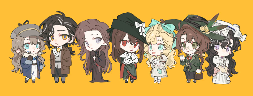 6+girls :&lt; :d aqua_bow aqua_eyes black_hair black_hat black_skirt blonde_hair blue_coat blue_eyes bow brown_coat brown_hair chibi coat dress feathers flower green_eyes green_feathers green_hat green_jacket greta_hofmann grey_eyes grey_hat grey_jacket hair_bow hat hat_feather hat_flower highres isolde_(reverse:1999) jacket kakania_(reverse:1999) long_dress long_hair looking_at_another looking_at_viewer looking_to_the_side lorelei_(reverse:1999) low_ponytail marcus_(reverse:1999) mole mole_under_mouth multiple_girls neckerchief newsboy_cap open_mouth ponytail purple_eyes rang_wo_zai_shui_10_fenzhong red_eyes reverse:1999 semmelweis_(reverse:1999) skirt smile standing tricorne valentina_(reverse:1999) white_dress white_hat white_neckerchief yellow_background yellow_eyes yellow_flower