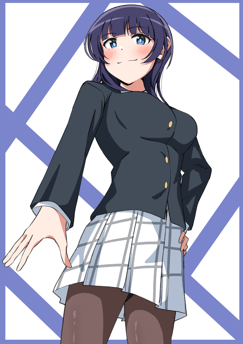 1girl absurdres asaka_karin black_jacket black_pantyhose blue_eyes blue_hair blunt_bangs blush breasts closed_mouth collared_shirt commentary hand_on_own_hip highres jacket large_breasts love_live! love_live!_nijigasaki_high_school_idol_club medium_hair miniskirt nijigasaki_school_uniform pantyhose plaid_clothes plaid_skirt pleated_skirt school_uniform shirt skirt smile socks solo split_mouth uchuu_no_mozuku white_background white_shirt white_socks winter_uniform