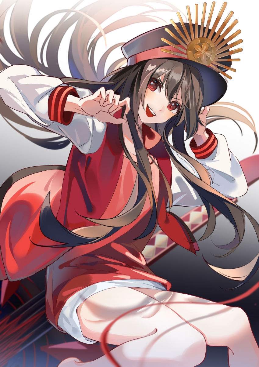 1girl absurdres black_hair blush breasts buster_shirt chinese_commentary fate/grand_order fate_(series) frills guitar hair_between_eyes hands_up hat highres instrument jacket letterman_jacket long_hair long_sleeves looking_at_viewer medium_breasts oda_nobunaga_(fate) oda_nobunaga_(swimsuit_berserker)_(fate) oda_nobunaga_(swimsuit_berserker)_(first_ascension)_(fate) oda_uri oversized_object peaked_cap prejun red_eyes simple_background sitting skirt solo striped_clothes striped_skirt swimsuit very_long_hair