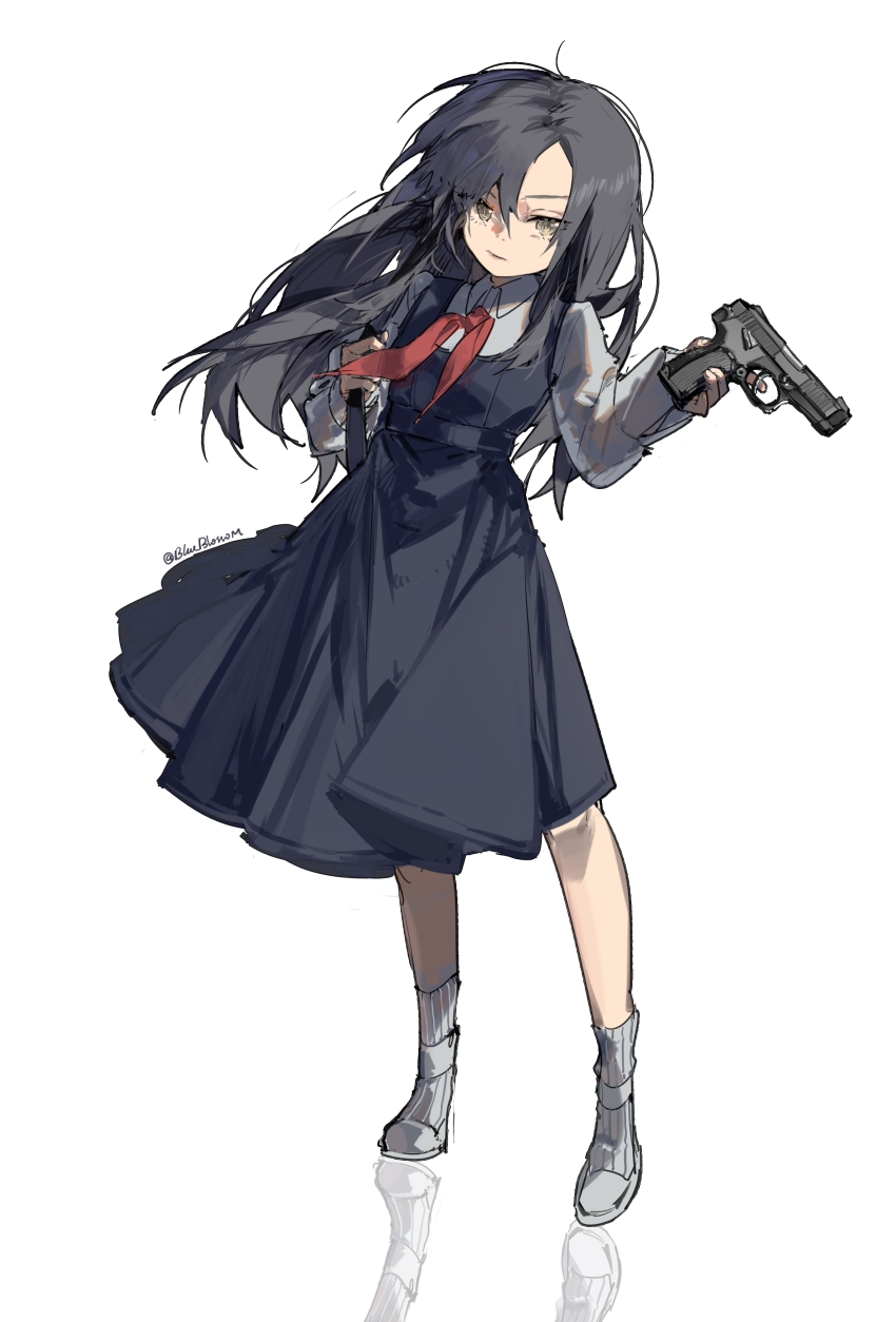 1girl absurdres aged_down angelia_(girls&#039;_frontline) bag black_dress black_hair blueblossom brown_eyes collared_shirt commentary dress english_commentary full_body girls&#039;_frontline gun handgun highres holding holding_bag holding_gun holding_weapon long_hair long_sleeves mp-443_grach neckerchief parted_bangs red_neckerchief reflection shirt signature socks solo weapon weapon_request white_footwear white_shirt white_socks