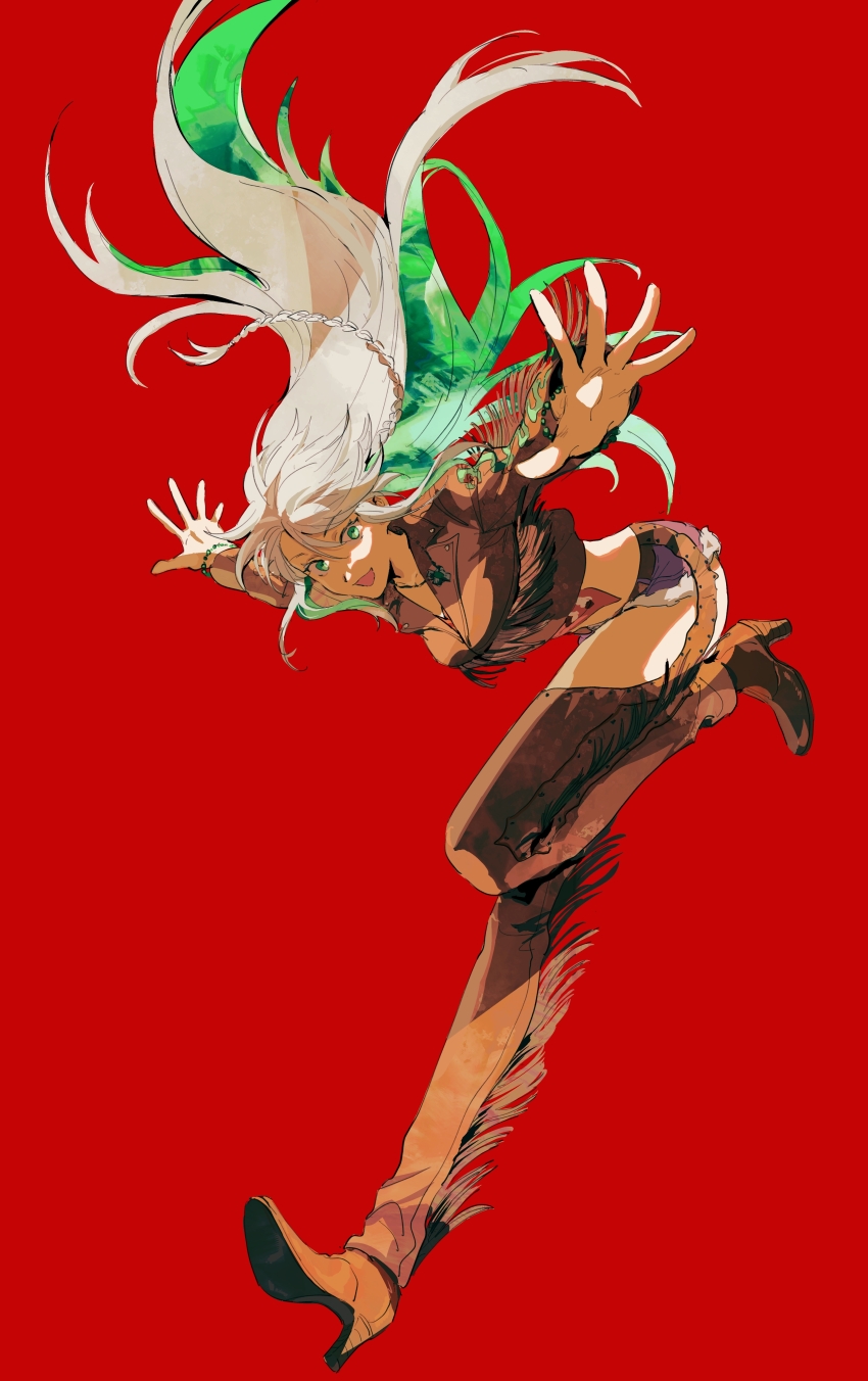 1girl absurdres braid chaps colored_inner_hair cropped_jacket crystal_hair detached_pants dynamic_pose earrings fate/grand_order fate_(series) full_body green_eyes high_heels highres jacket jewelry kukulkan_(fate) kukulkan_(first_ascension)_(fate) leather leather_jacket leather_pants long_hair mimulishizi multicolored_hair necklace outstretched_arms pants red_background short_shorts shorts side_braid simple_background solo white_hair